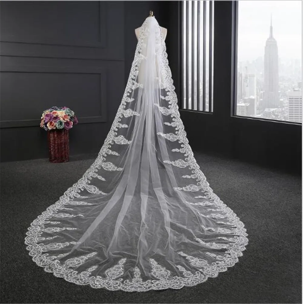 

White Ivory Wedding Veils High Quality Cathedral Length Bridal Lace Applique With Comb Bridal Veil 3.5M