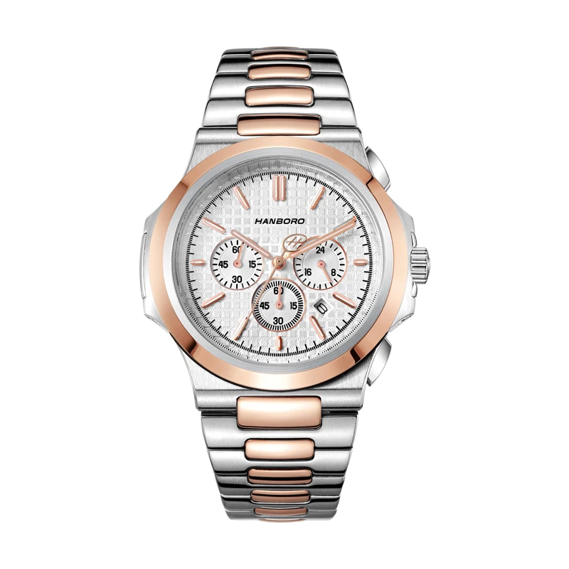 

HANBORO Men Chronograph Watch Luxury Mens Quartz Watches Business Wristwatches Waterproof Steel Strap Auto Date