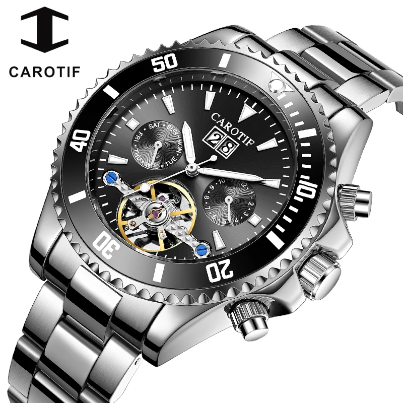 

CAROTIF Automatic Watch Men Skeleton Tourbillon Mechanical Wrist Watches Mens Waterproof Stainless Steel Calendar Reloj Hombre