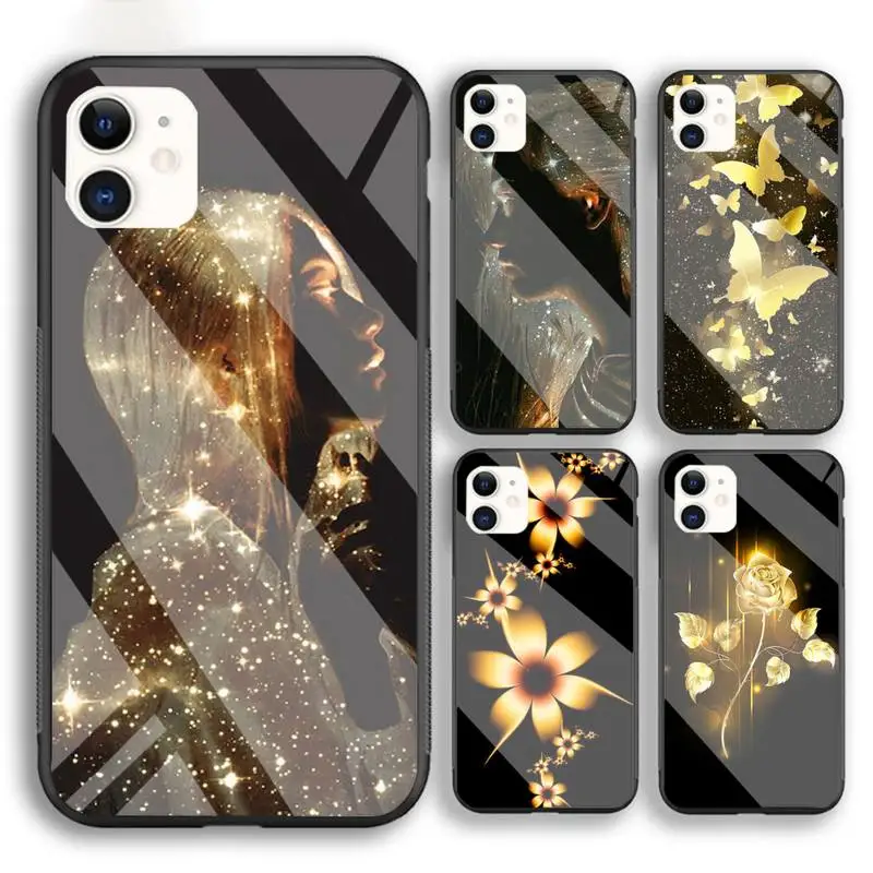 

Soft Cover Sac Gold Flower Butterfly Phone Case For Iphone 6 6s 7 8 Plus XR X XS XSmax 11 12 Pro Mini Max Tempered Glass