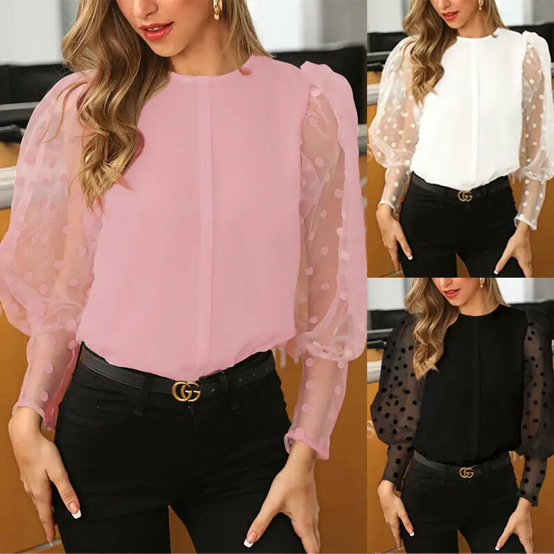 Женская прозрачная блузка в горошек с длинным рукавом и круглым вырезом|Блузки| |