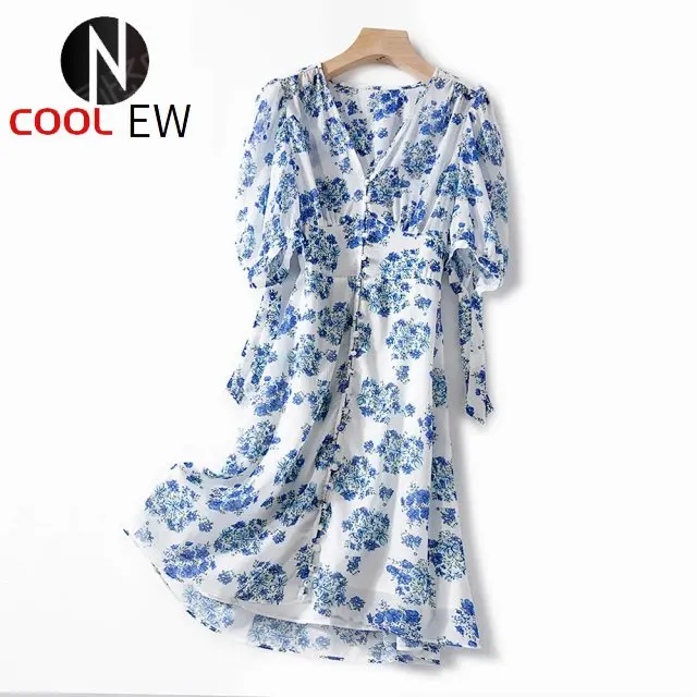 

Женское Короткое платье Elfbop с коротким рукавом, V-образным вырезом и цветочным принтом на пуговицах