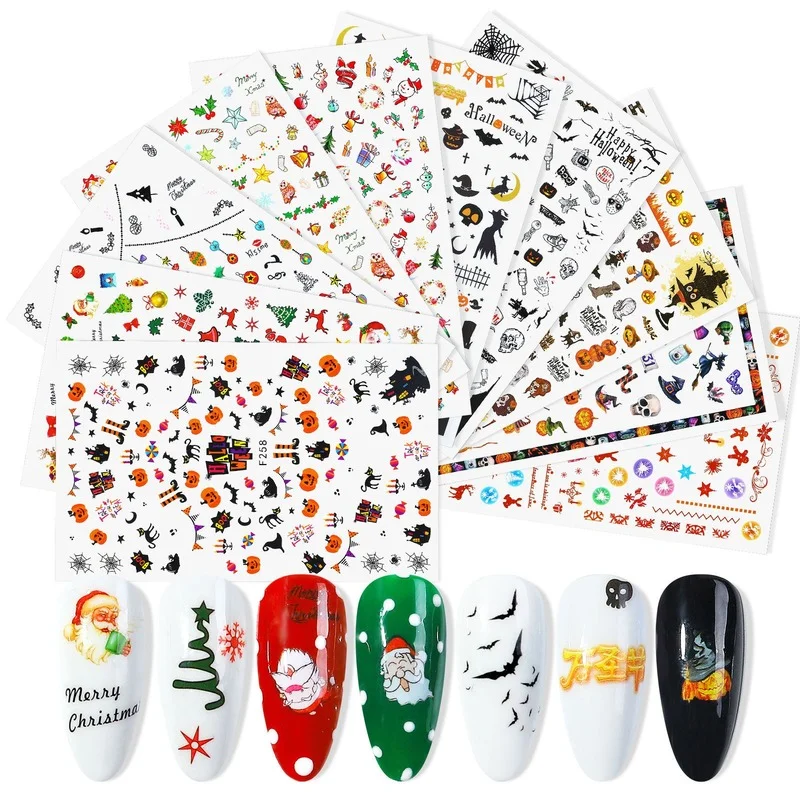 

2022 3D Nail Sticker Christmas Halloween Santa Snowman Pumpkin Slider For Manicuring Nail Art Watermark Love Heart Design Letter