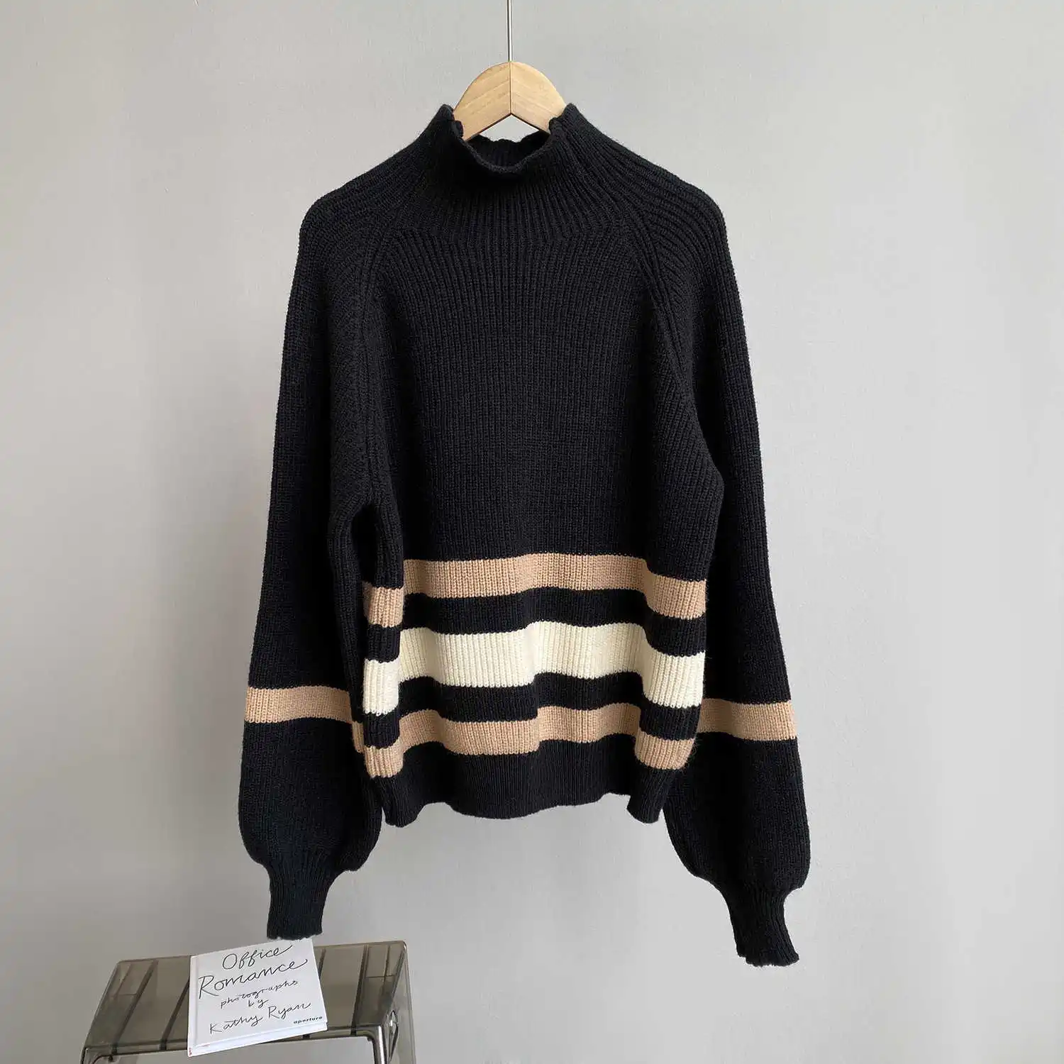 

COZOK Half High Collar Striped Pullover for Women Autumn Winter 2021 Wear Slouchy Short Loose Sweater 6677