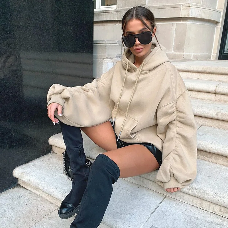 

2022 Autumn Winter White Oversized Sweatshirt Women Khaki Long Puff Sleeve Ruched Casual Loose Hooded Fahion