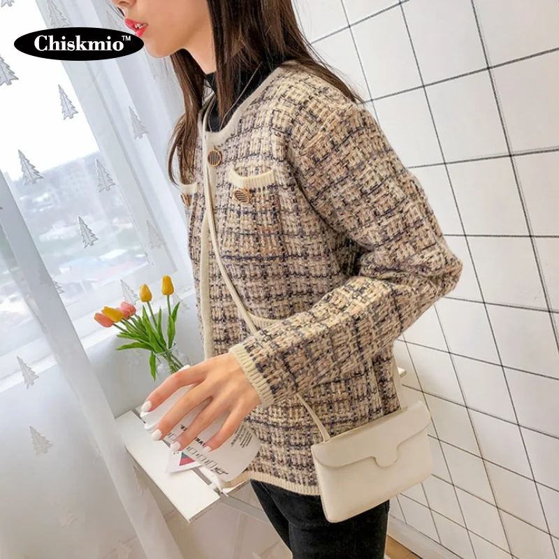 

Plaid Patchwork Knit Cardigan Women Sweet Style Knitted Sweater Pocket Design O-Neck Knit Outwear Ladies Fashion Autumn Knitwear