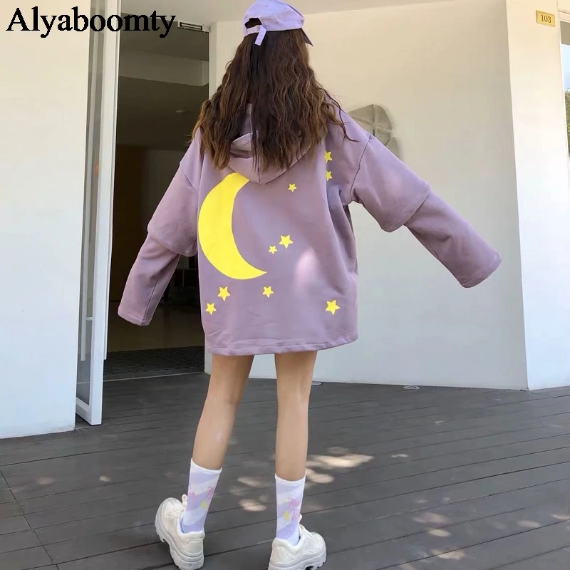 Новый японский Harajuku осень зима женские толстовки с капюшоном черный фиолетовый