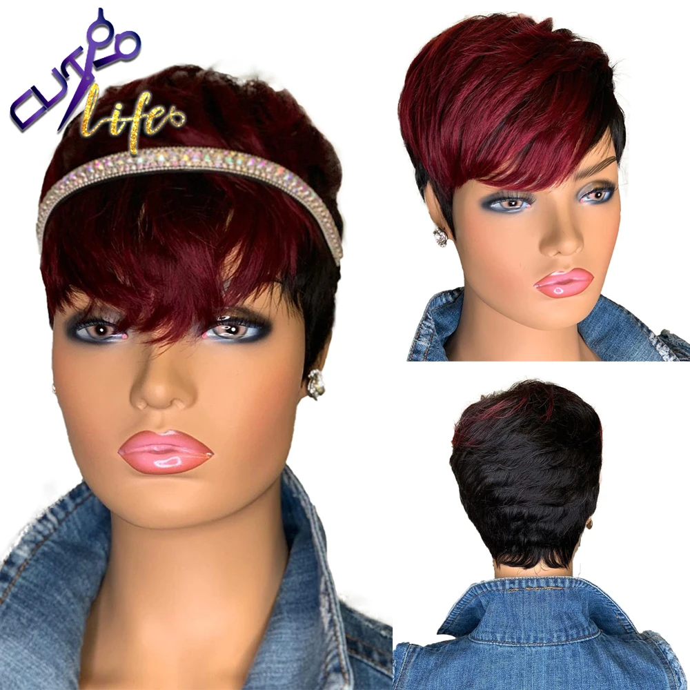 

Red Burgundy 99J Ombre Color Short Wavy Bob Pixie Cut Wigs Full Machine Made Non Lace Human Hair Wigs With Bangs For Black Women