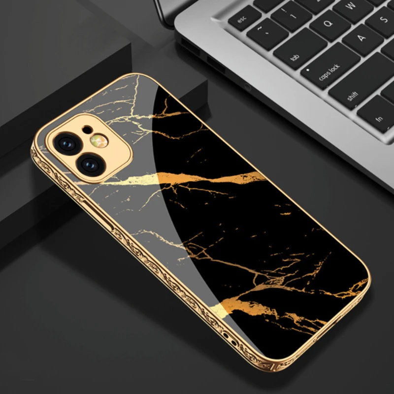 

Luxury Plating Glossy Embossed Phone Case For Iphone 13Pro Max 13Pro 12ProMax 11 Gold Red Black Marble Tempered Glass Hard Cover