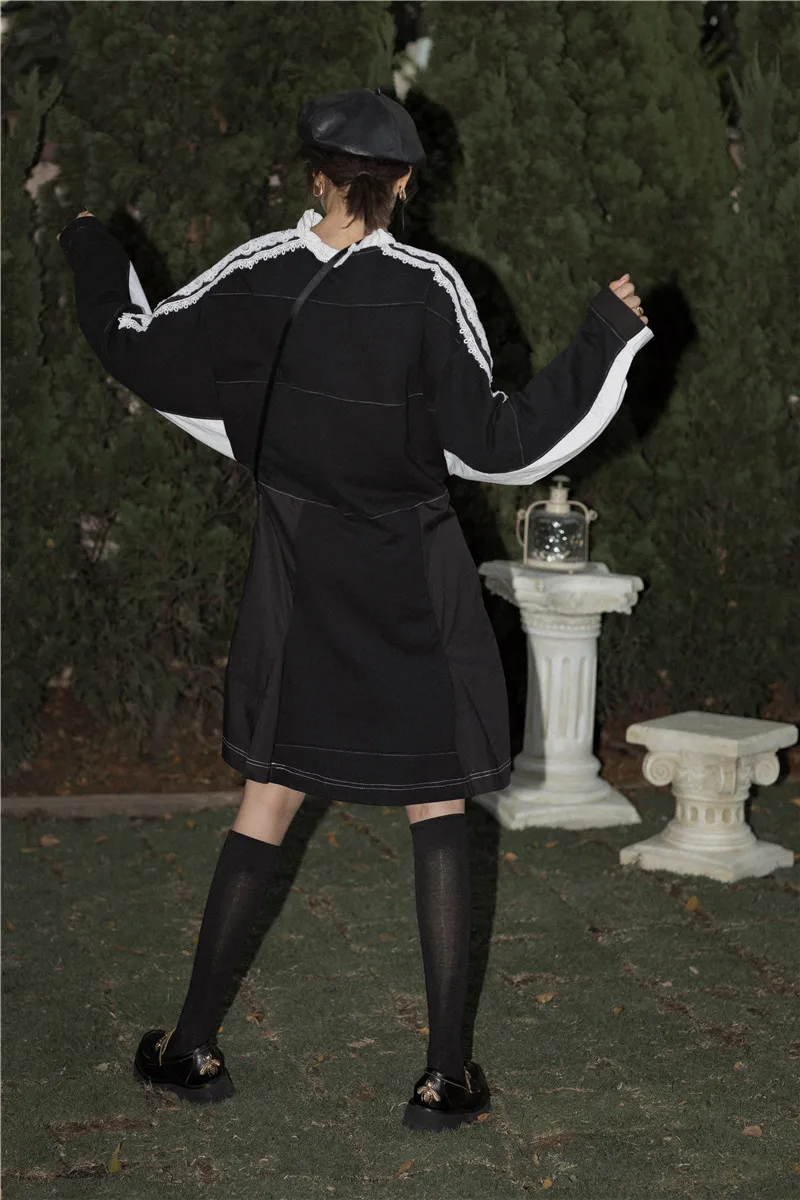 Дизайнерское подиумное платье CHEERART черное лоскутное белое кружевное винтажное