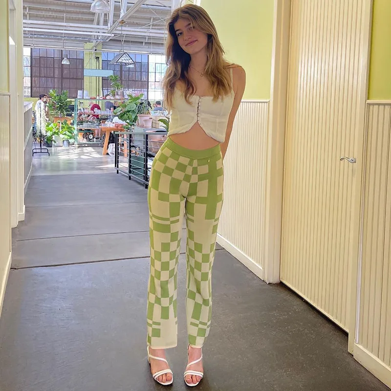 

2021 Summer Vintage Fashion Loose Irregular Plaid Design Contrast Straight Leg High Waist Trousers Plaid Mujer Pantalones