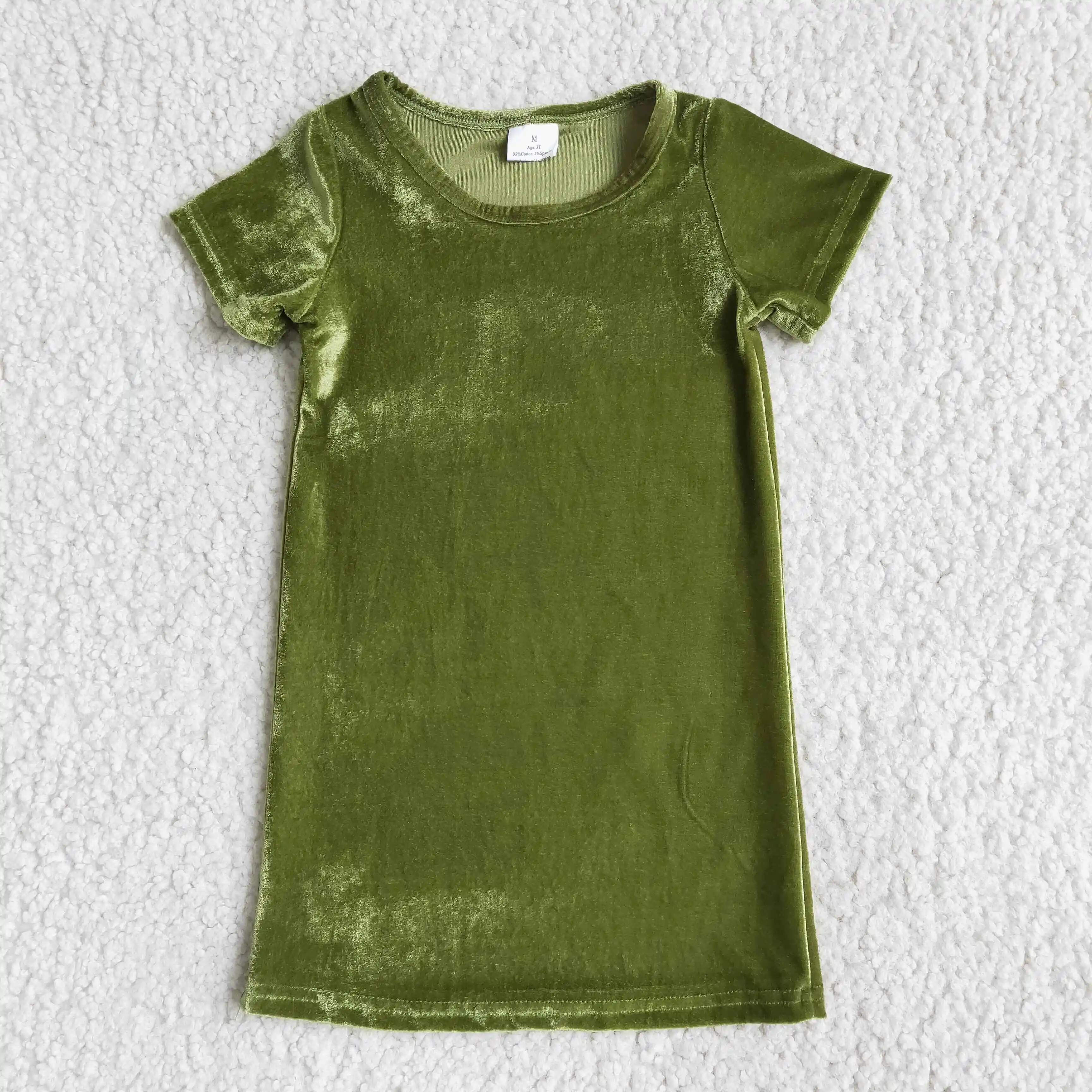 Wholesale girls solid color green velvet dress baby dress boutique toddler girl t-shirt dress