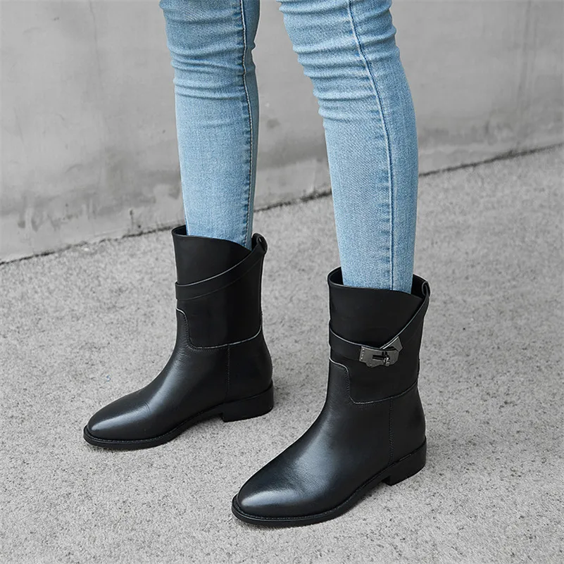 

Meotina Winter Ankle Boots Women Boots Natural Genuine Leather Flat Short Boots Buckle Round Toe Shoes Ladies Autumn Size 34-39