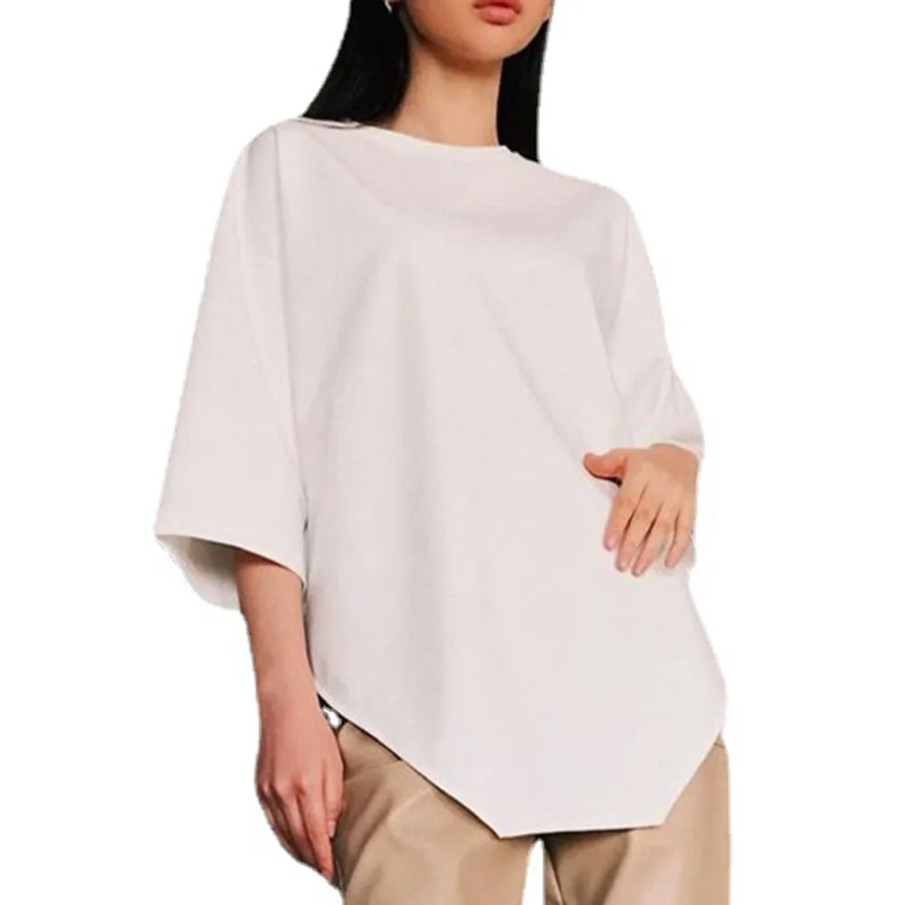 

Street Wear OL T-Shirt Woman Fashion Loose Casual Simple Irregular Designer Solid Color Round Neck Summer 2021 Tees Hot Selling