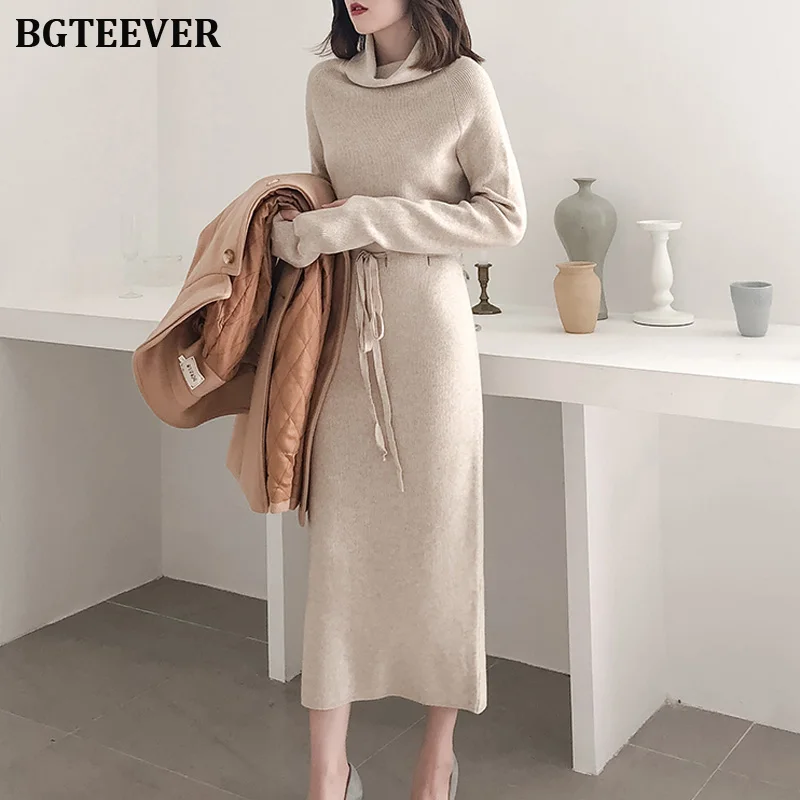 Женское трикотажное платье свитер средней длины водолазка с длинным рукавом