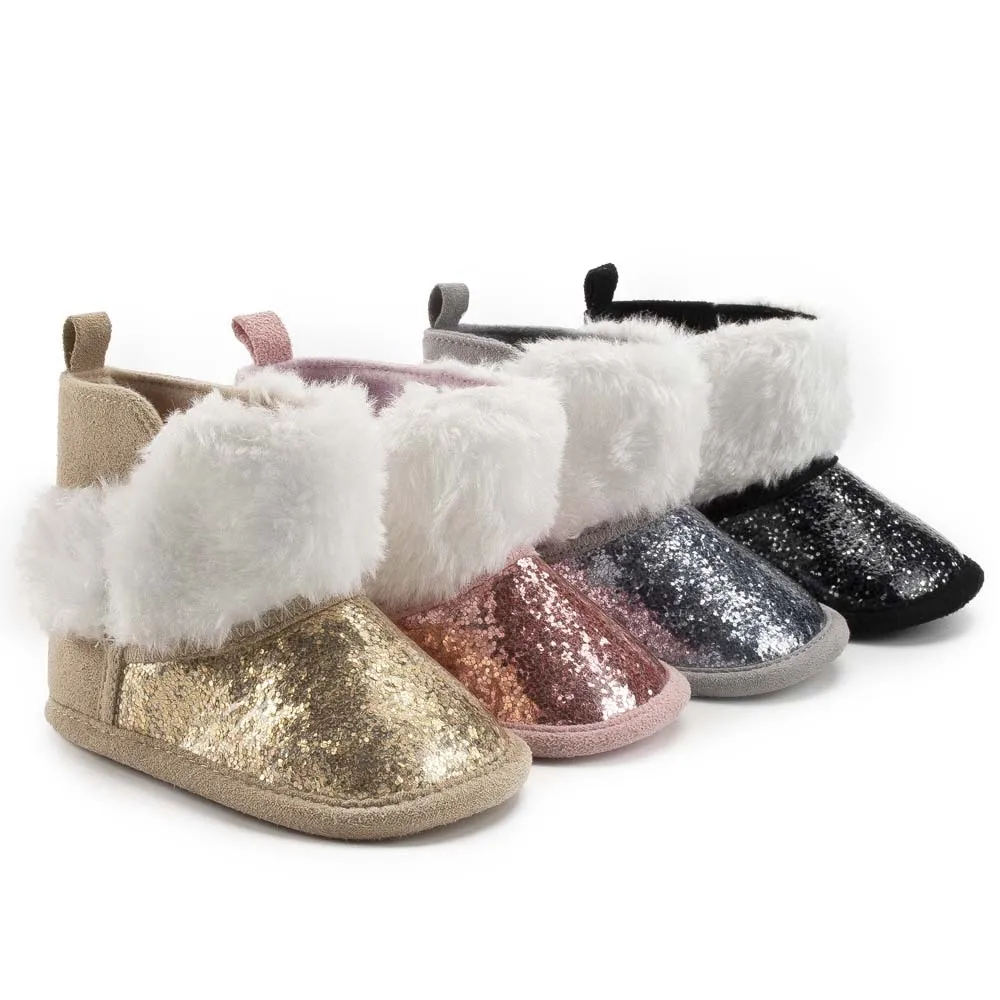 

Ботинки для мальчиков и девочек модные зимние теплые мягкие ботинки однотонные Элегантные вязаные хлопковые полусапожки с блестками 0-18 ме...