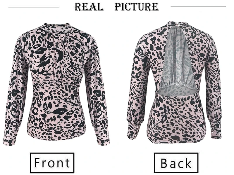 

New Women Casual Leopard High Collar Long Sleeve Backless Blouse Tops Shirt UK