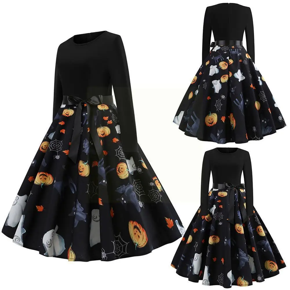

Ladies Fashion Party Dress Halloween Printed Long Sleeve Belt Women's Black Big Casual Dresses with Sleeve Dress A0R0