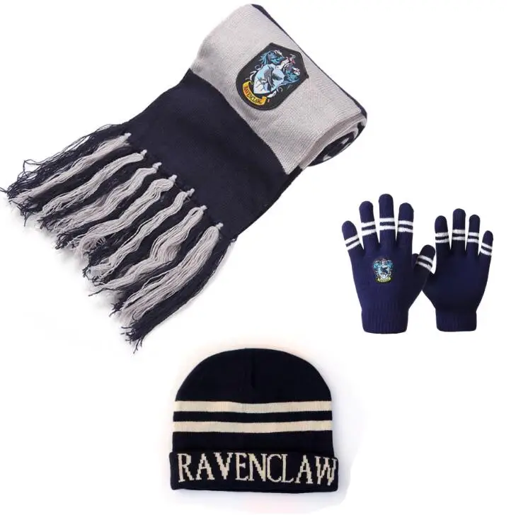 Хогвартс Шарфы шапки перчатки Гриффиндор/Слизерин/Hufflepuff/Ravenclaw Гарри поттер шарф шарфы шапки сенсорные перчатки подарок на Хэллоуин - Цвет: Ravenclaw Set