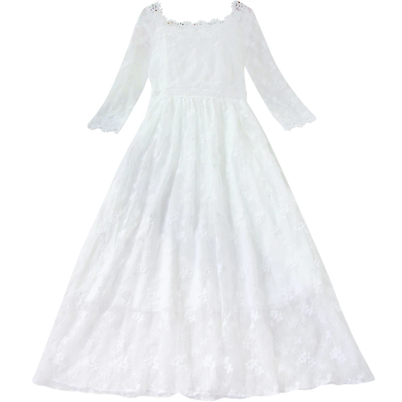 Женское кружевное платье с цветочным узором длинное ажурное и V-образным вырезом