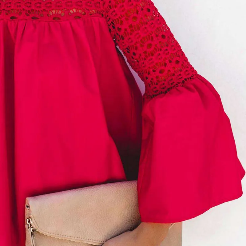 

Elegant Lace Patchwork Hollow Out Peplum Blouse Shirt Women Flare Sleeves Blouse Casual Female Autumn Winter Tops Office Lady