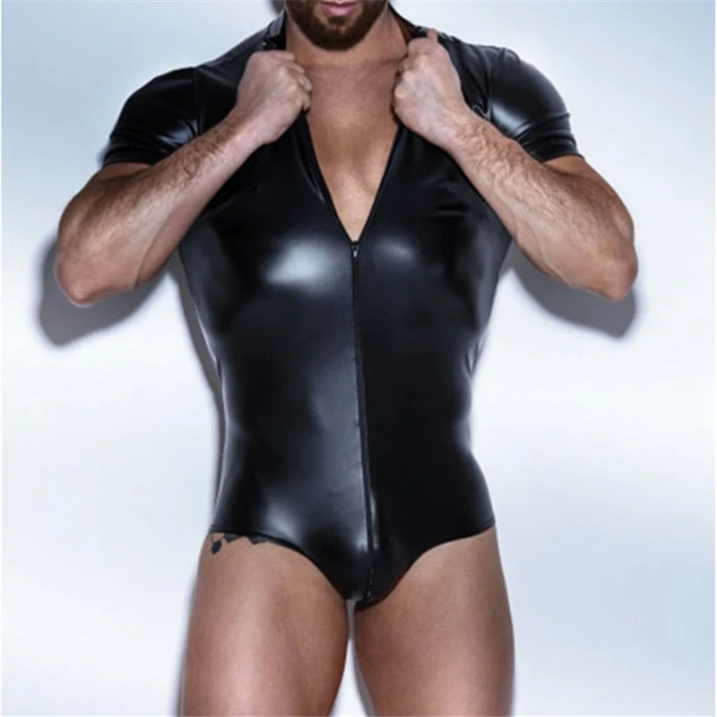 

Men Sexy wetlook Faux Leather Lingerie Bodysuits Erotic wear Leotard Costumes gay fetish Hot PVC Latex Catsuit body Clubwear