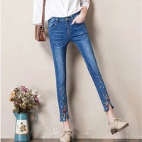 women high waist jeans trousers vintage floral embroidery skinny blue denim pants casual slim split pencil jeans