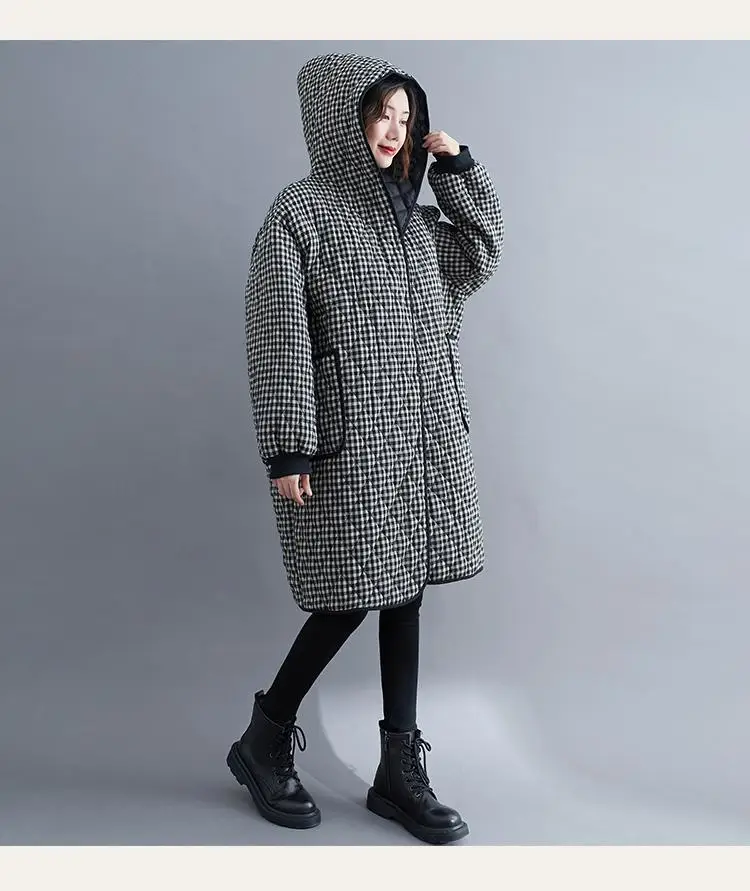 

2021 Winter New Ladies Mid-length Hooded Big Pocket Jacket Thickened Warmth and Comfortable Loose Wild Plaid Cotton Coat