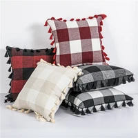 topfinel buffalo check cushion covers cotton and linen pillow cases with four side tassels plaid decorative throw pillow cases