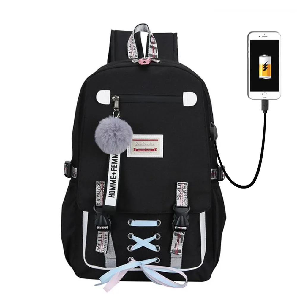 Школьные ранцы для девочек и мальчиков, большой рюкзак с USB-принтом и лентой с бантом для подростков