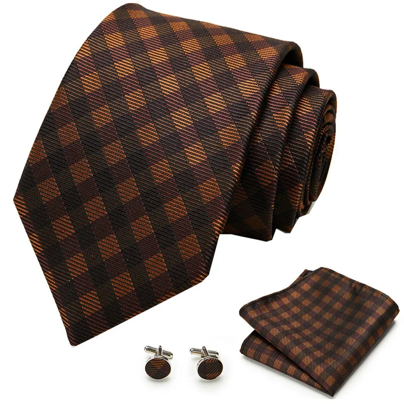 

145cm Length Brown Plaid&Floral Ties Brown Gold Purple Blue Hanky Cufflinks Set Men's Silk Tie 8cm Tie Wedding Groom Crava