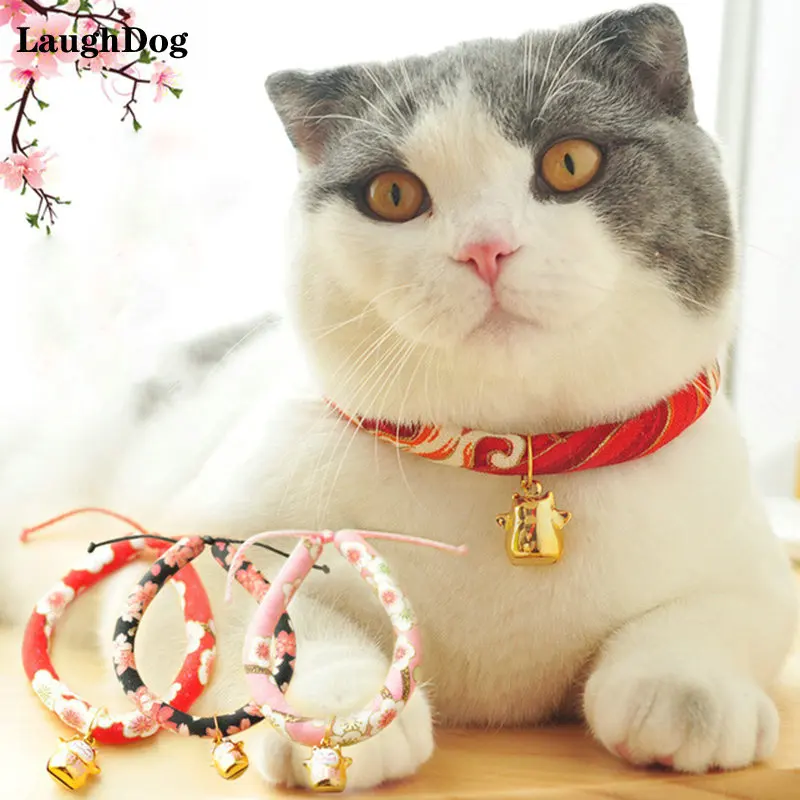 

Cute Cat Dog Collar with Bells Japanese Style Mascot Kitty Necklace Adjustable Puppy Kitten Collars Fortune Cat Pet Accessories