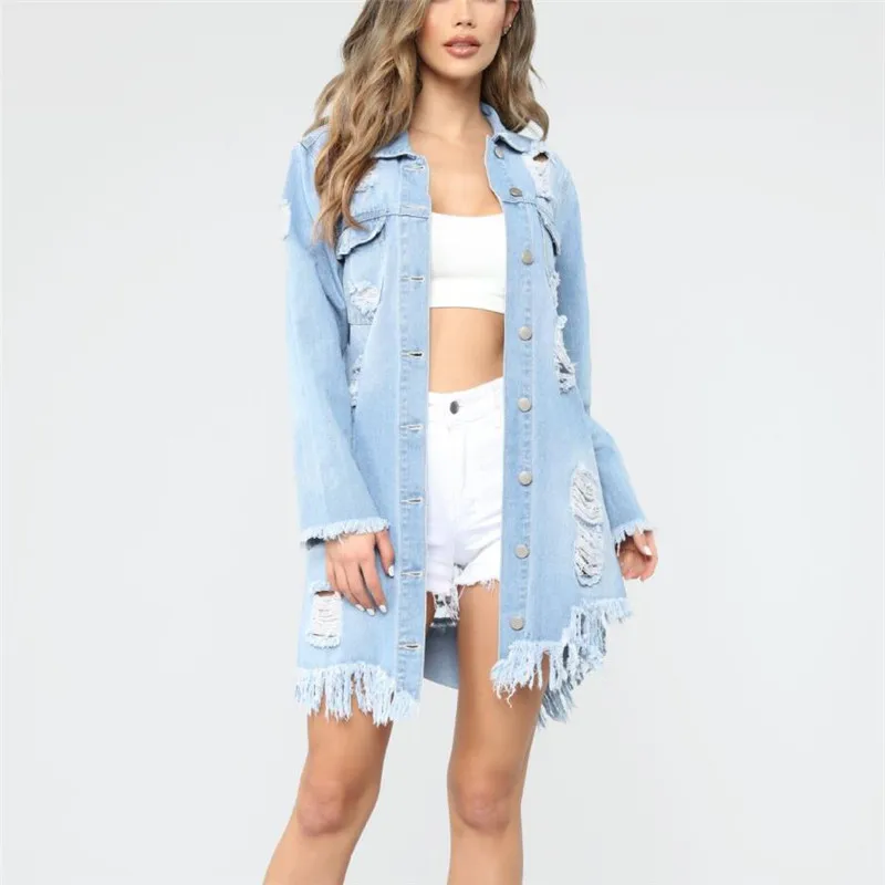 Женская джинсовая куртка оверсайз длинная рваная бойфренда с длинным рукавом и