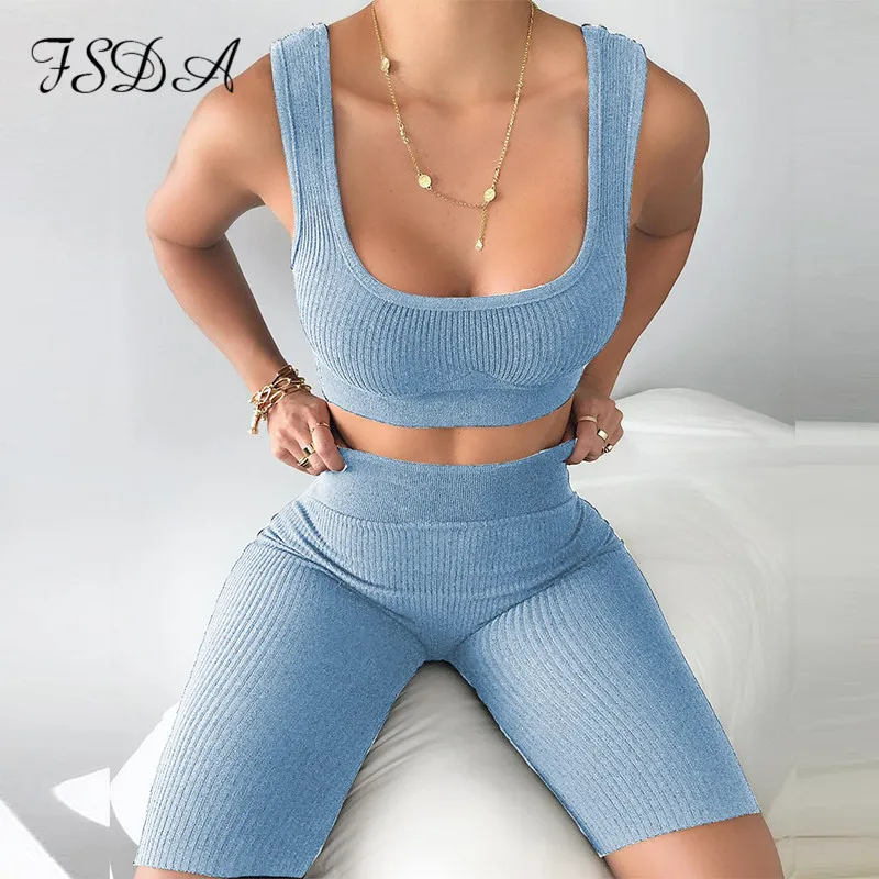 Женский спортивный костюм FSDA черный укороченный топ без рукавов с круглым