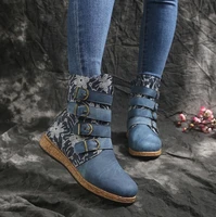 vintage boots embossed pu leather splicing fancy pattern zipper flat short boots ladies shoes women autumn winter