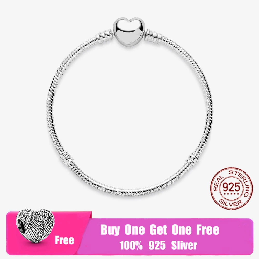 

2021 New 925 Sterling Silver Moments Heart Clasp Snake Chain Bracelet Fit Original Sliver Pan Charm For Women DIY Jewelry Gift