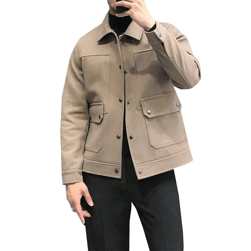 

British Style Autumn Winter Thick Warm Men Jackets Front Pockets Single Breasted Slim Fit Casual Coats Long Sleeve High Quality
