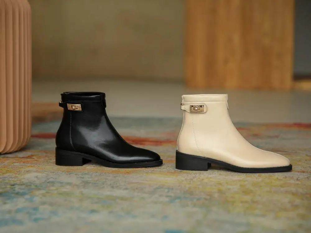 

Lenkisen short boots genuine leather metal fasteners round toe thick med heel zipper pretty girls leisure maiden ankle boots L11