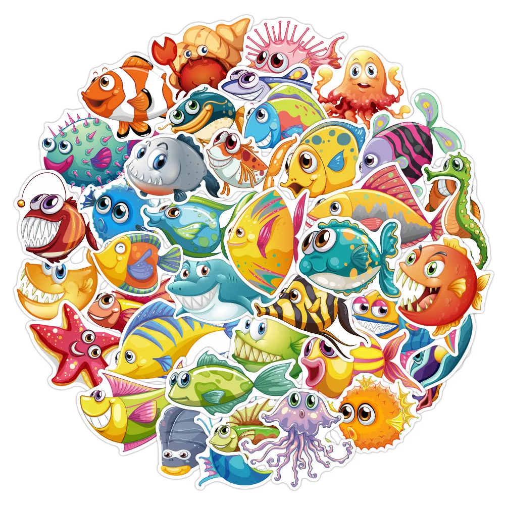 10/40pcs Mixed Cute Undersea Fish Cartoon Stickers Toy for Children Ocean Shark Decal Animal Kids Boy Girl Rewards Sticker | Игрушки и
