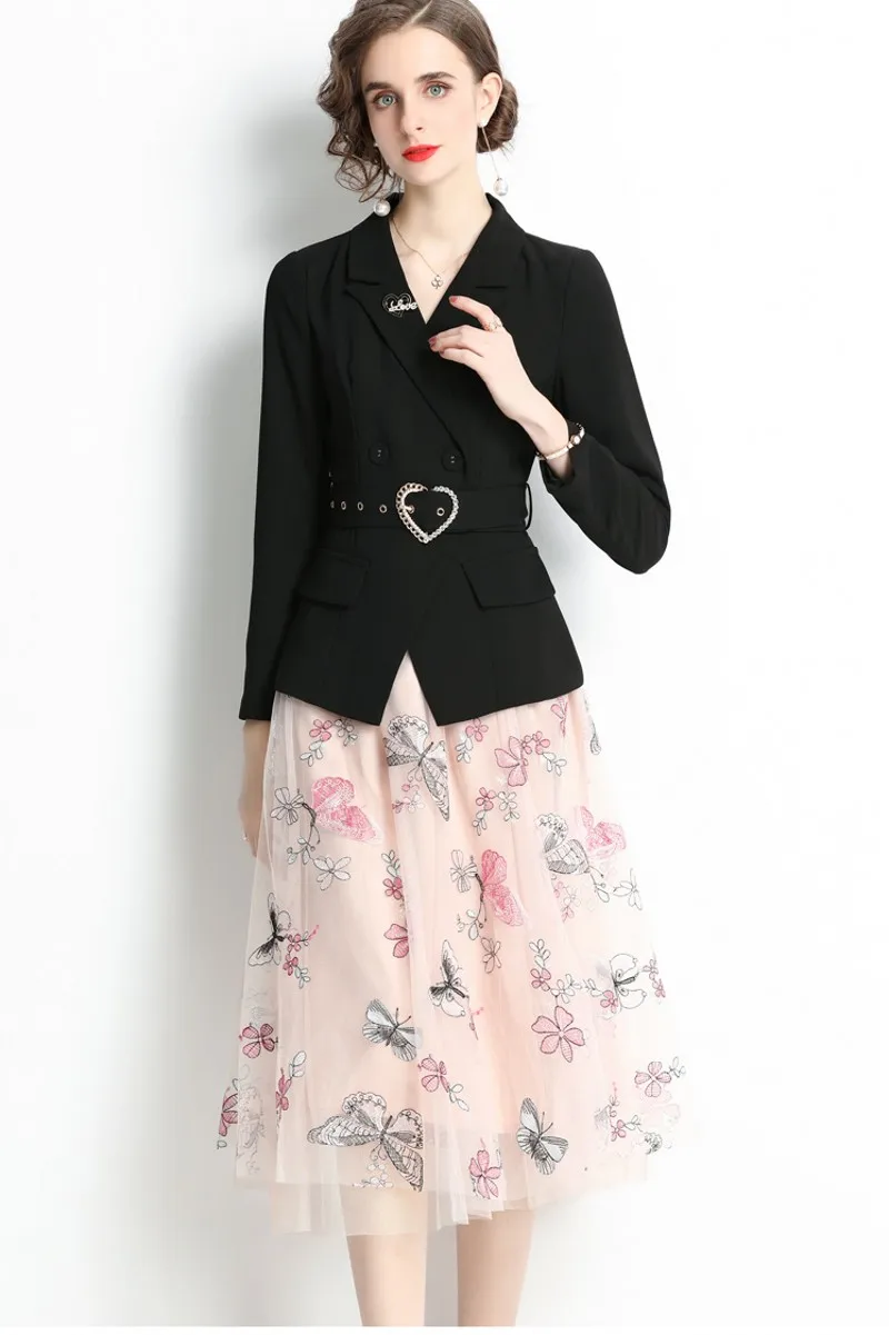 

2021 Autumn winter fashion Temperament Women's Long-sleeved lace-up suit jacket + mesh embroidered t skirts suit