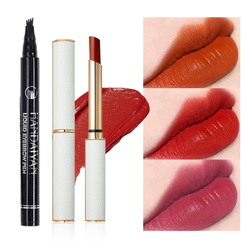 

1PCS Lipstick Velvety Set Long Lasting Nonstick Cup Not Fade Lip Gloss Makeup +1PCS Eyebrow Pencil Waterproof Eyebrow Tattoo Pen
