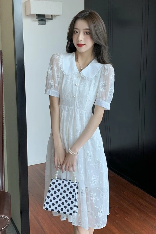 

COIGARSAM Lace Women one-piece dress korean Mesh Dresses White 865