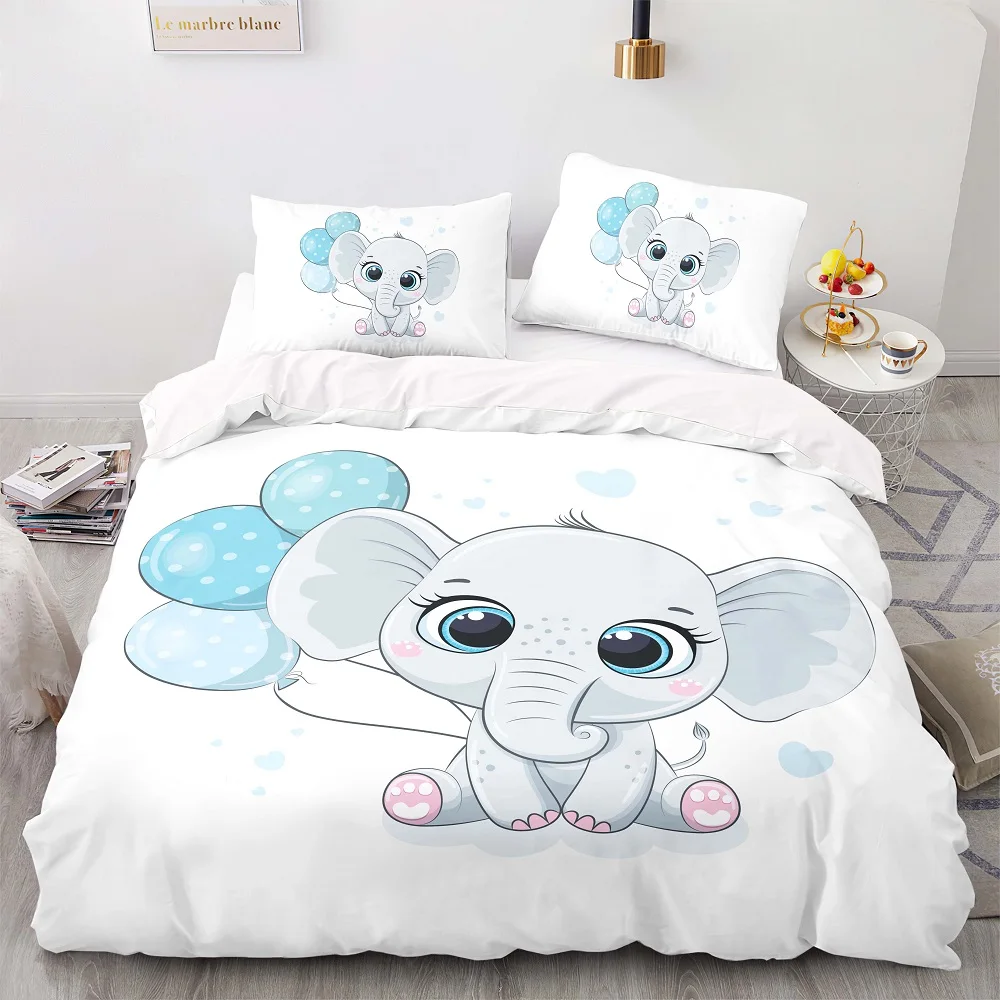 

Cartoon Style 140×200 Duvet Cover Set With Pillowcase, 210×210 Quilt Cover, Cute Baby Elephant Pattern King Size Bedding Set