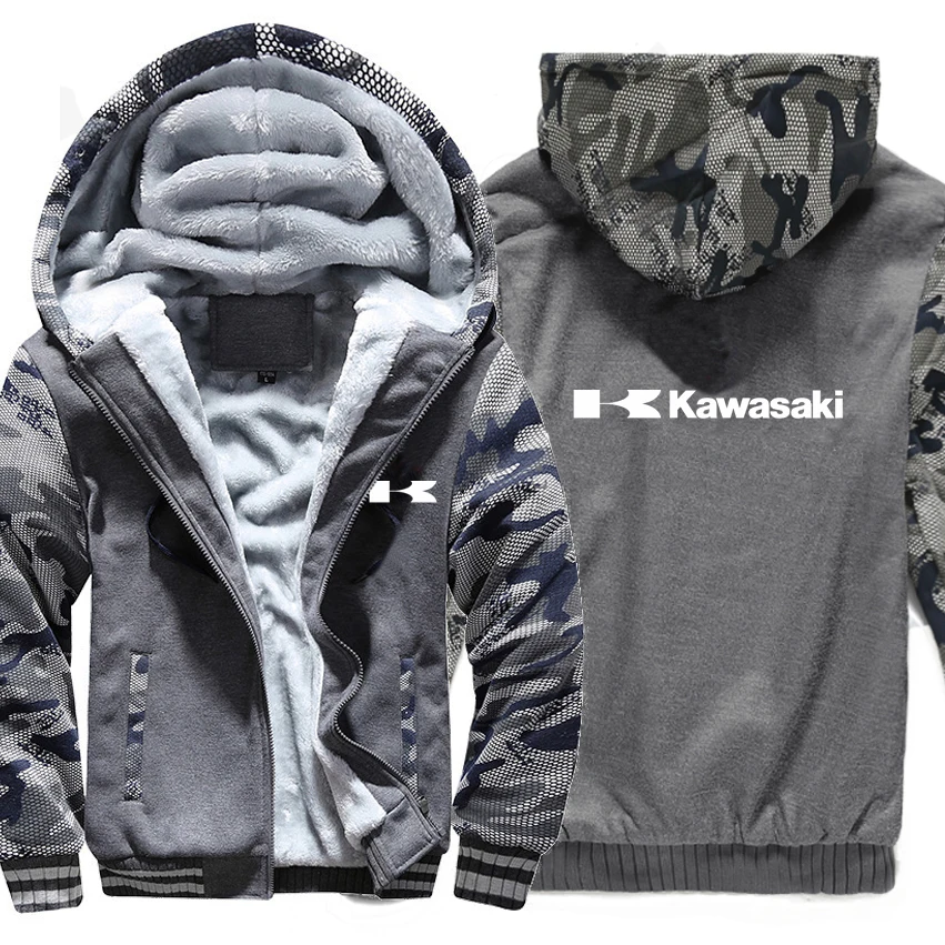 As picture Kawasaki, моторные толстовки зимняя камуфляжная теплая зимняя куртка с капюшоном на утином Для мужчин флис Мотоцикл Kawasaki Толстовка - Цвет: As picture