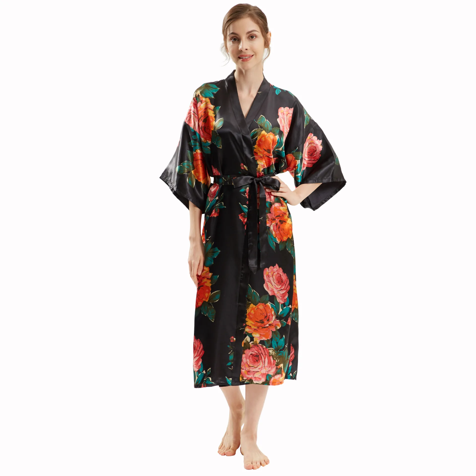 

Sexy Navy Blue Long Sleepwear Print Rayon Robe Women's Pajamas Sexy Bathrobe Dressing Gowns Women Bride Bridesmaid Wedding Robes