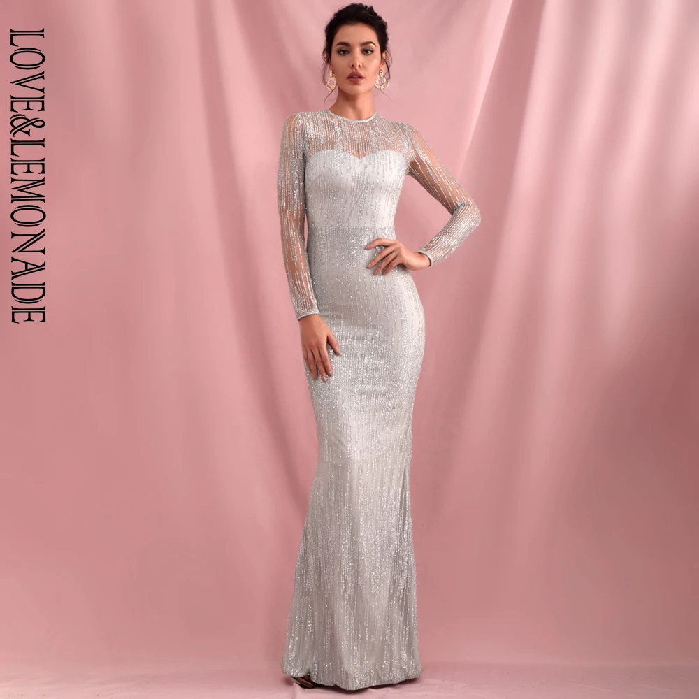Серебристое облегающее платье с круглым вырезом и длинными рукавами LOVE &amp LEMONADE