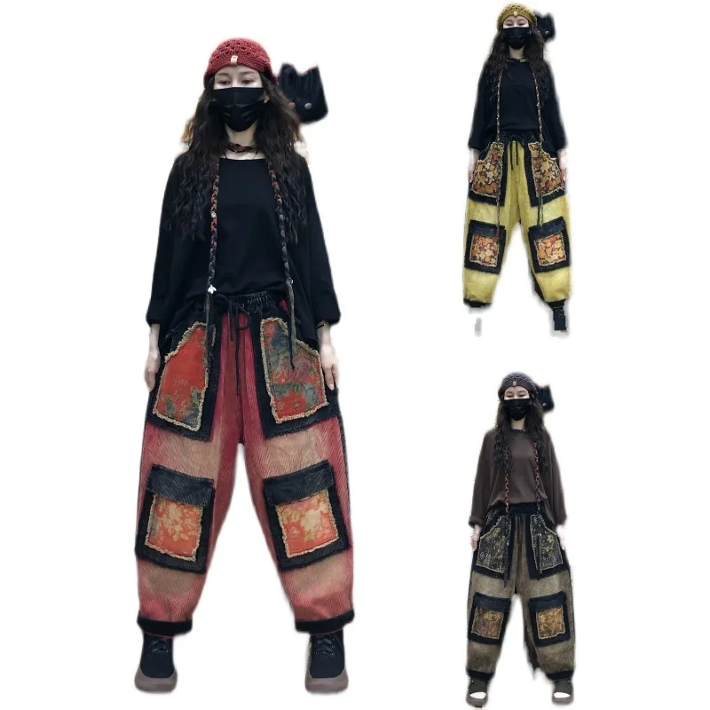 

Wide Leg Corduroy Pants Women Autumn Casual Baggy Hip Hop Streetwear Joggers Patchwork Big pocket Elastic Waist Cargo Trousers