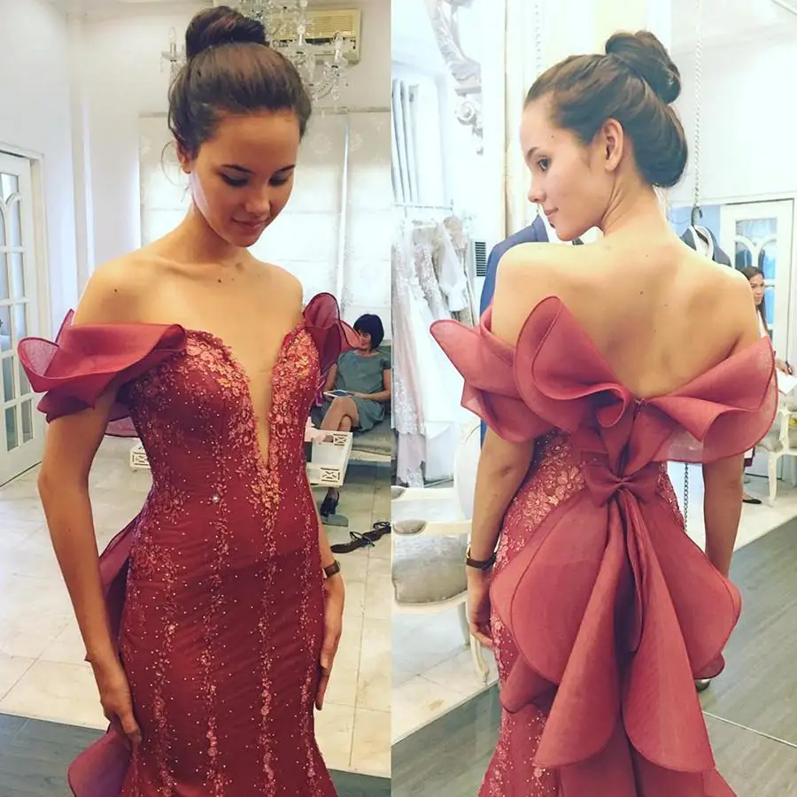 

Charming Burgundy Mermaid Evening Dress With Off The Shoulder Lace Appliques Beaded Long Formal Party prom Gowns Evening Dresses