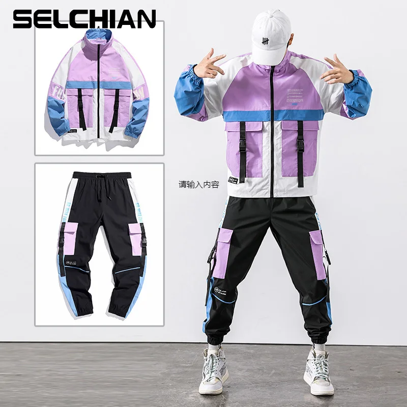 

2021 Hip Hop Workwear jacket Mens Tracksuit Jacket+Pants 2PC Sets baseball loose Zipper Ribbons Coat & Long Pants Clothes