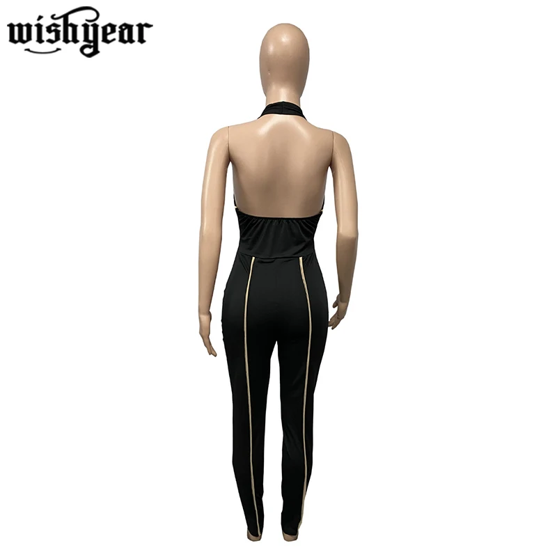 

Stripe Patchwork Jumspuit Woman Sleeveless Halter Backless Lace Up Bodycon Party Club One Piece Overalls Female Outfits